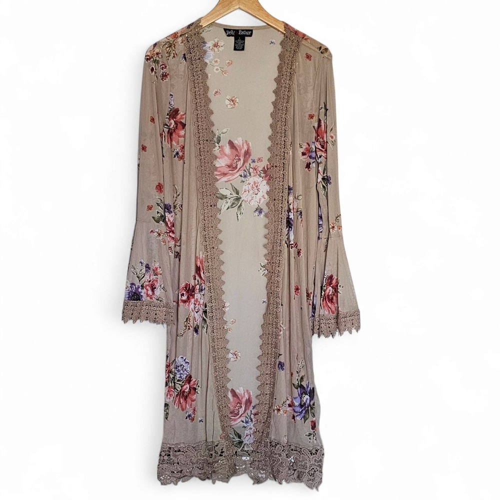 Polly & Esther Floral Long Kimono Cardigan Crochet Size L Boho Fairy Cottagecore
